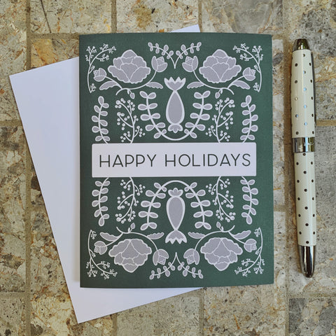 Happy Holidays - Green Floral Greeting Card